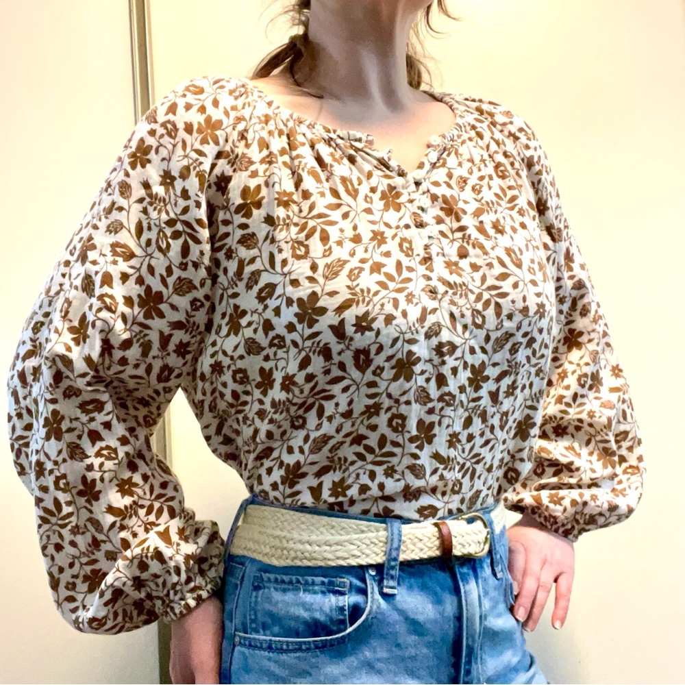 Women’s Boho Brown Floral Print Cotton Peasant Cottagecore Blouse Top